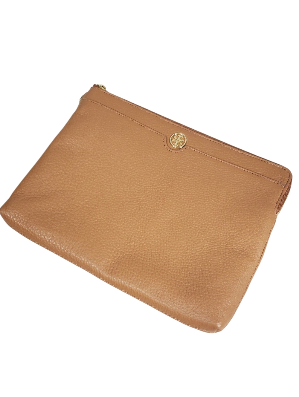 Tory Burch Clutch Pebble Cognac Classic Minimal Gold Purse Evening Office